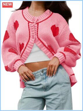 Cute Heart Chunky Knit Button Down Cardigan Sweater Coat